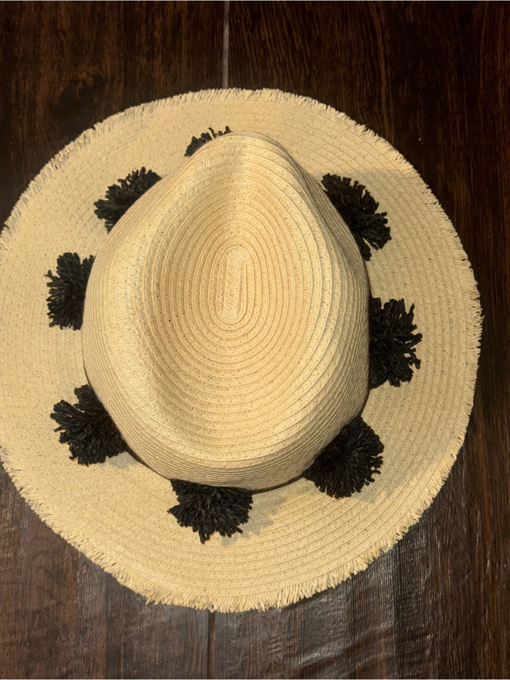 Ava & Aiden Tan Straw Fedora Hat Black Pom Pom Trim Fringe Brim OSFM adjustable